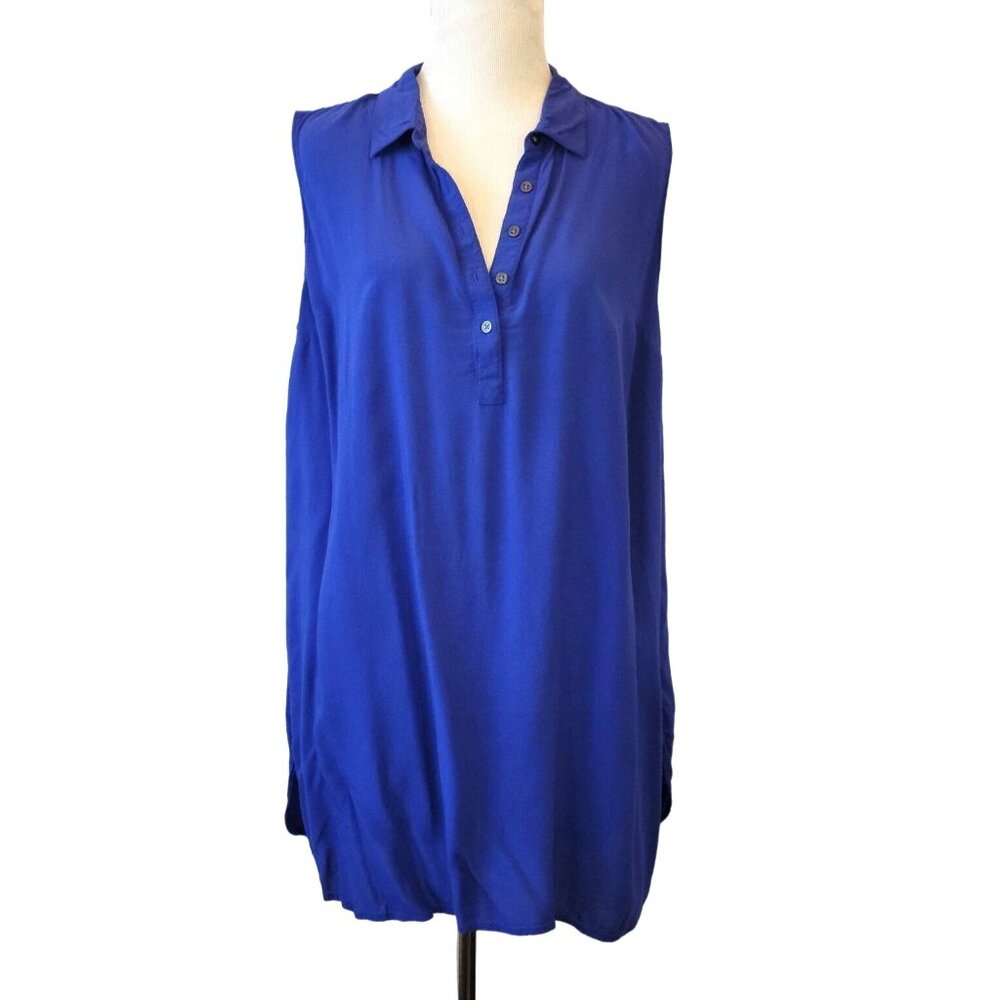 Gap Women's Blouse Top Shirt Royal Blue Sleeveless Tunic Collared Large READ